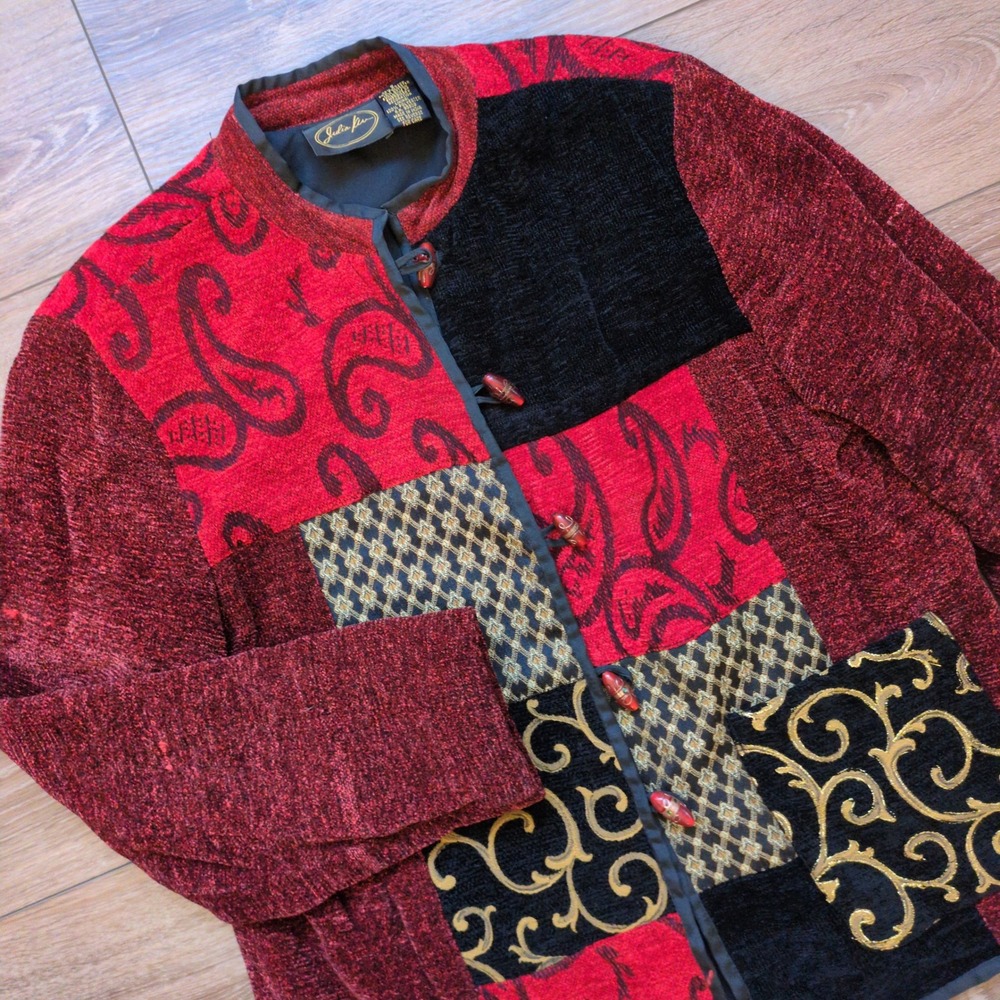 Vintage 90s Julia Kim Patchwork Tapestry Jacket - Red Artsy Bead Buttons Large
